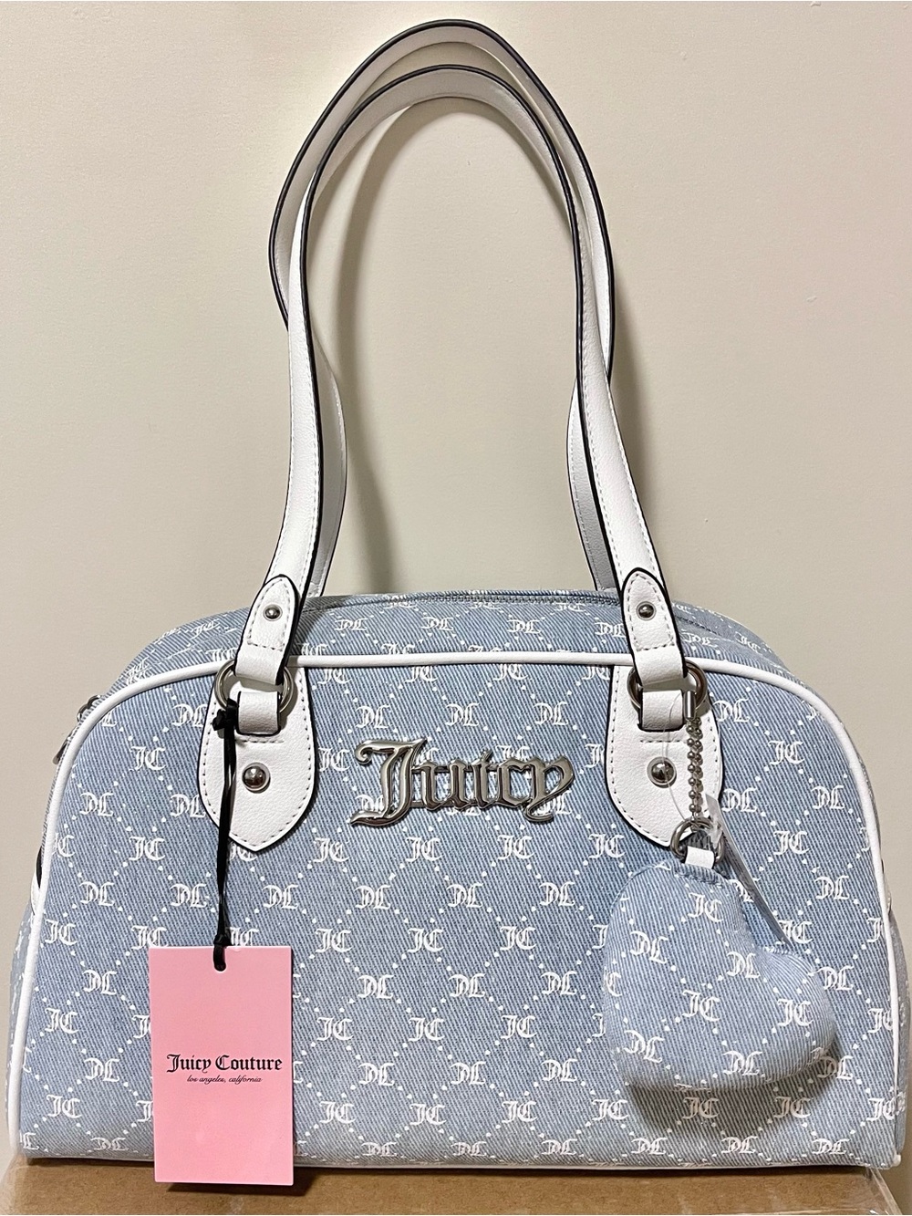 Juicy Couture She's the Moment Satchel Handbag Light Denim Heart Charm Brand New
